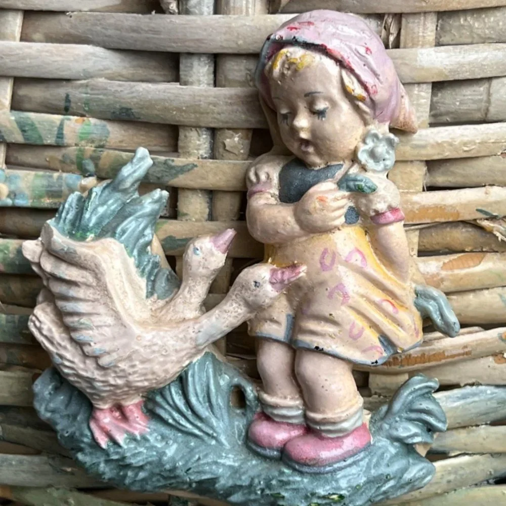 RARE! Vtg Basket Barbola Gesso Adornment Handpainted Girl Geese Philippines 14